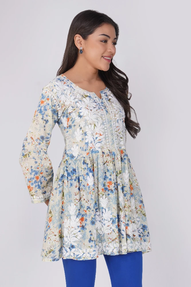 Blue Short Malmal Cotton Chikankari Gown-2.webp